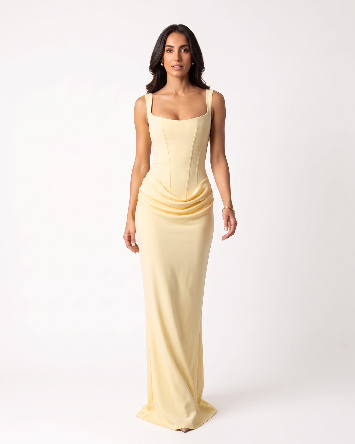 Yellow scoop-neck corset maxi dress, sleeveless bodycon with draped waist ruching.