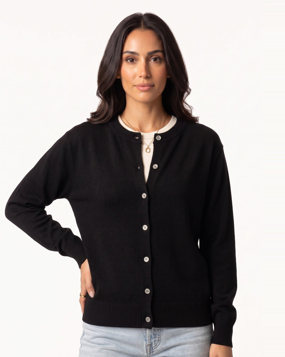 Black cotton crew neck cardigan with button front and ribbed trim