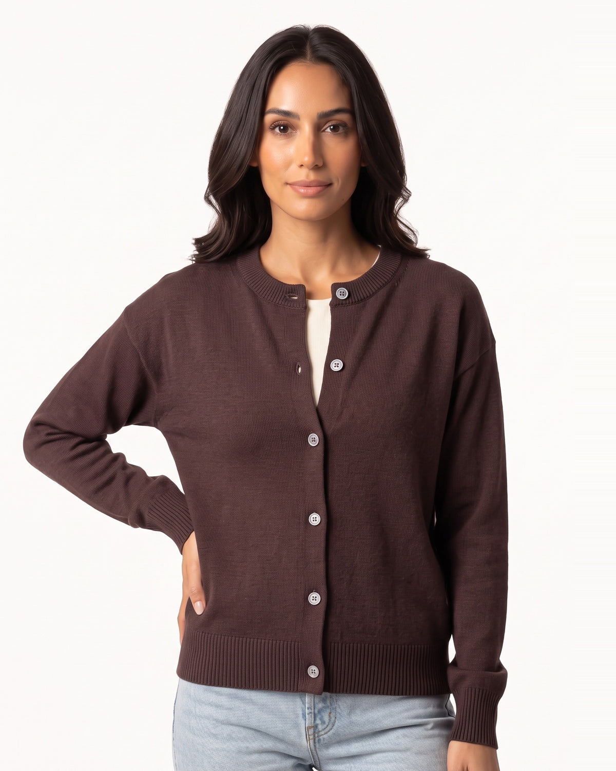 Dark brown cotton crew neck cardigan with button front and ribbed trim