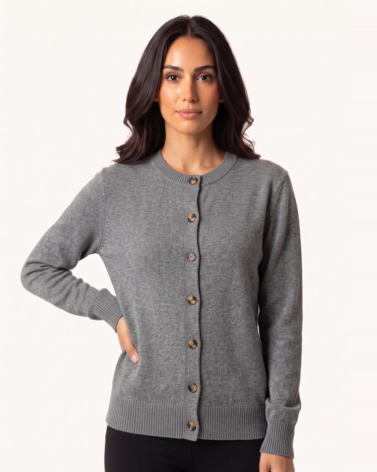Women’s gray cotton crew neck cardigan sweater with button front and ribbed trim