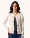 Off-white cotton crew neck cardigan with button front and ribbed trim