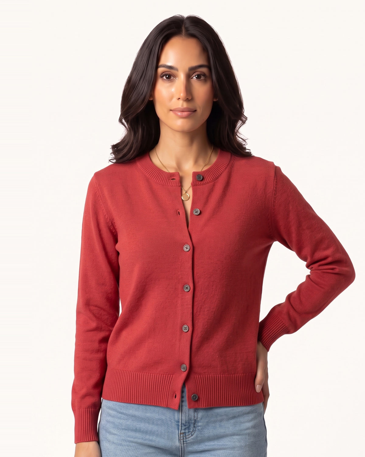 Red cotton crew neck cardigan with button front and ribbed trim