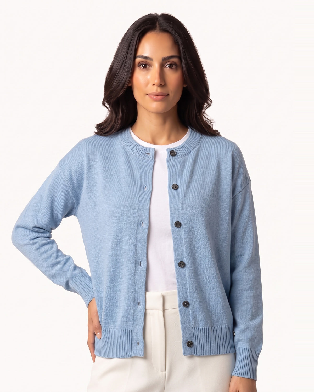 Sky blue cotton crew neck cardigan with button front and ribbed trim
