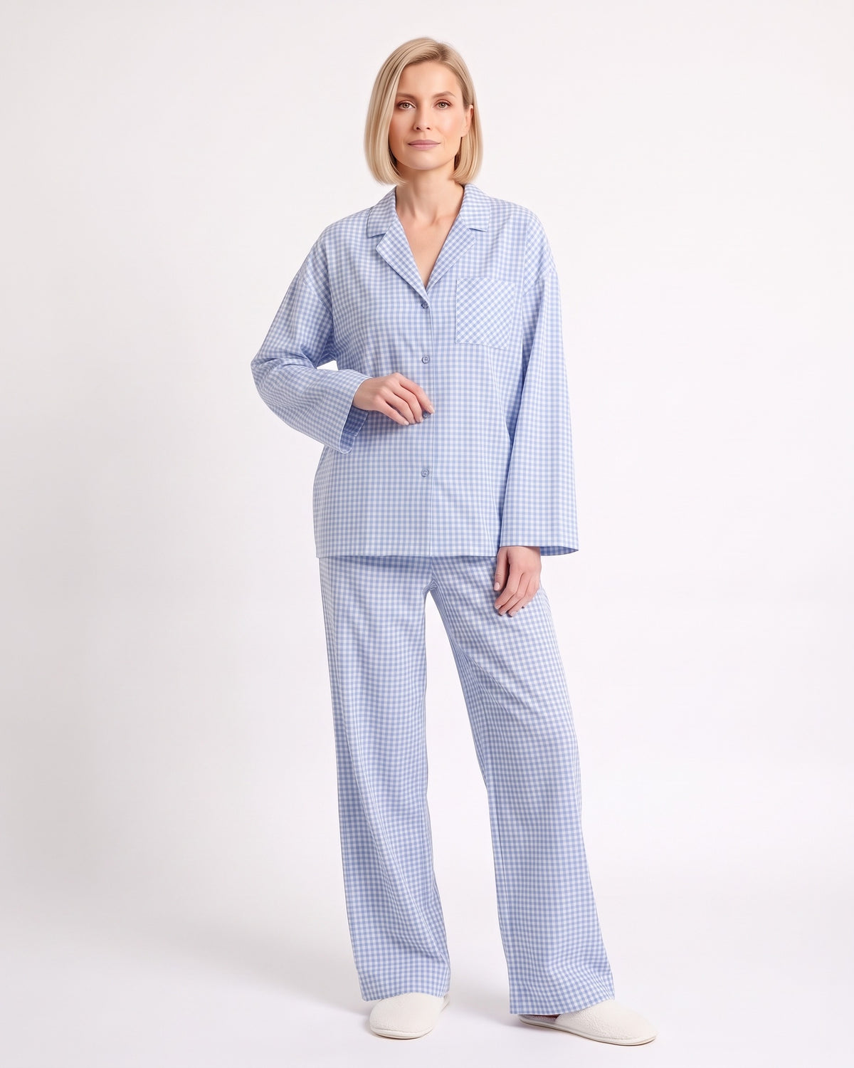 Light blue cotton gingham pajama set with a long-sleeve button-down top and wide-leg pants