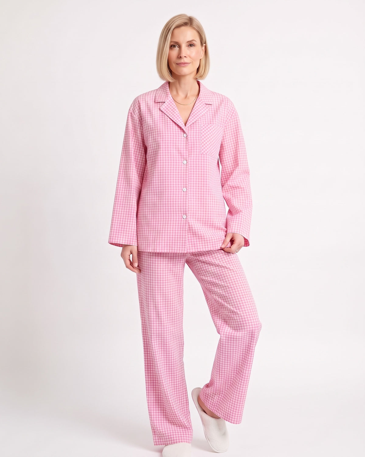 Pink cotton gingham pajama set with a long-sleeve button-down top and wide-leg pants
