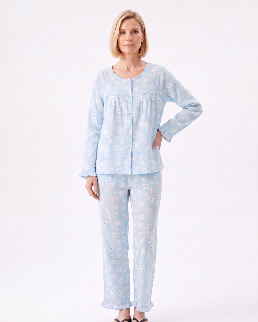 Light blue floral print pajama set with long-sleeve button-front top and tapered pants