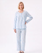 Light blue floral print pajama set with long-sleeve button-front top and tapered pants