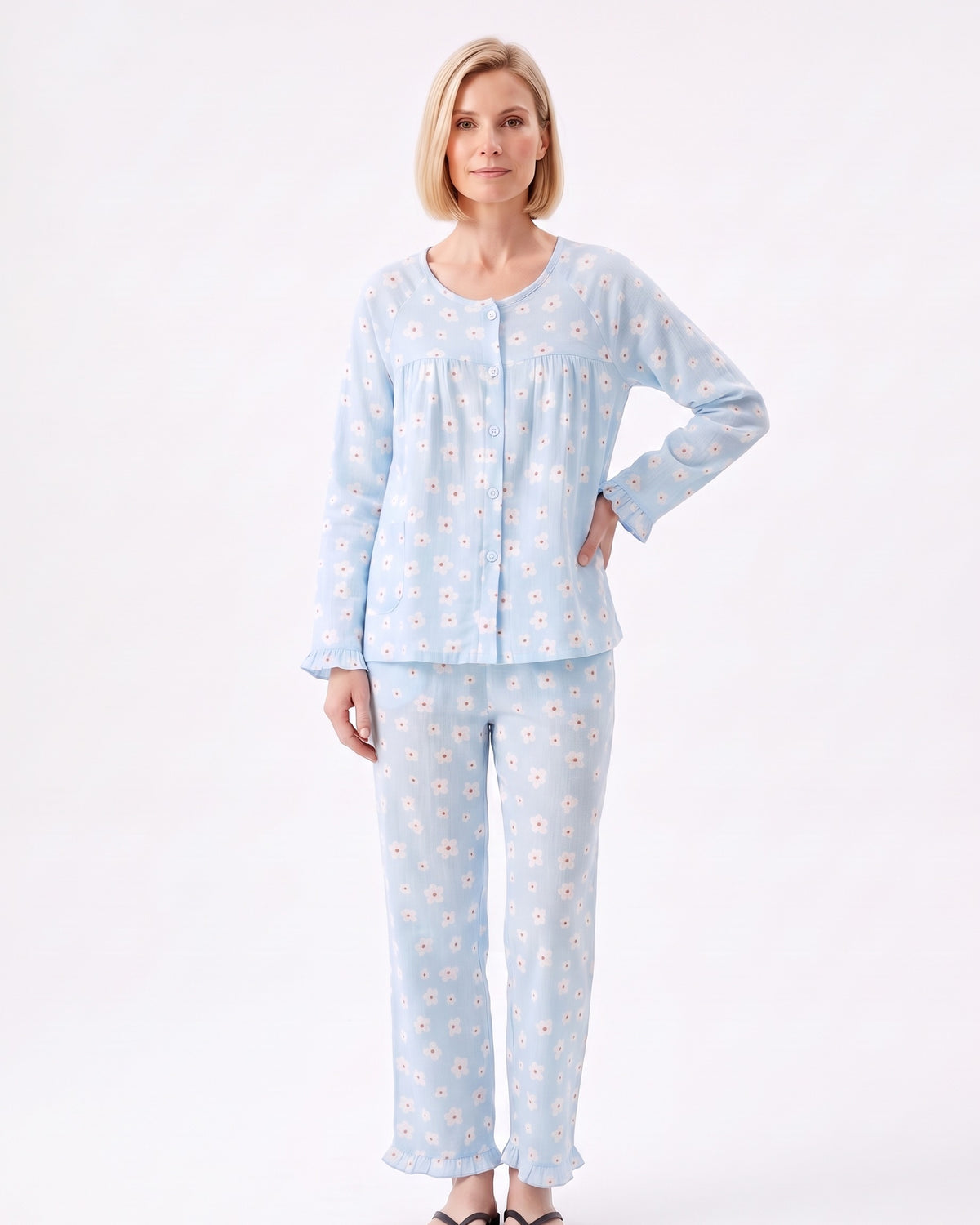 Light blue floral print pajama set with long-sleeve button-front top and tapered pants