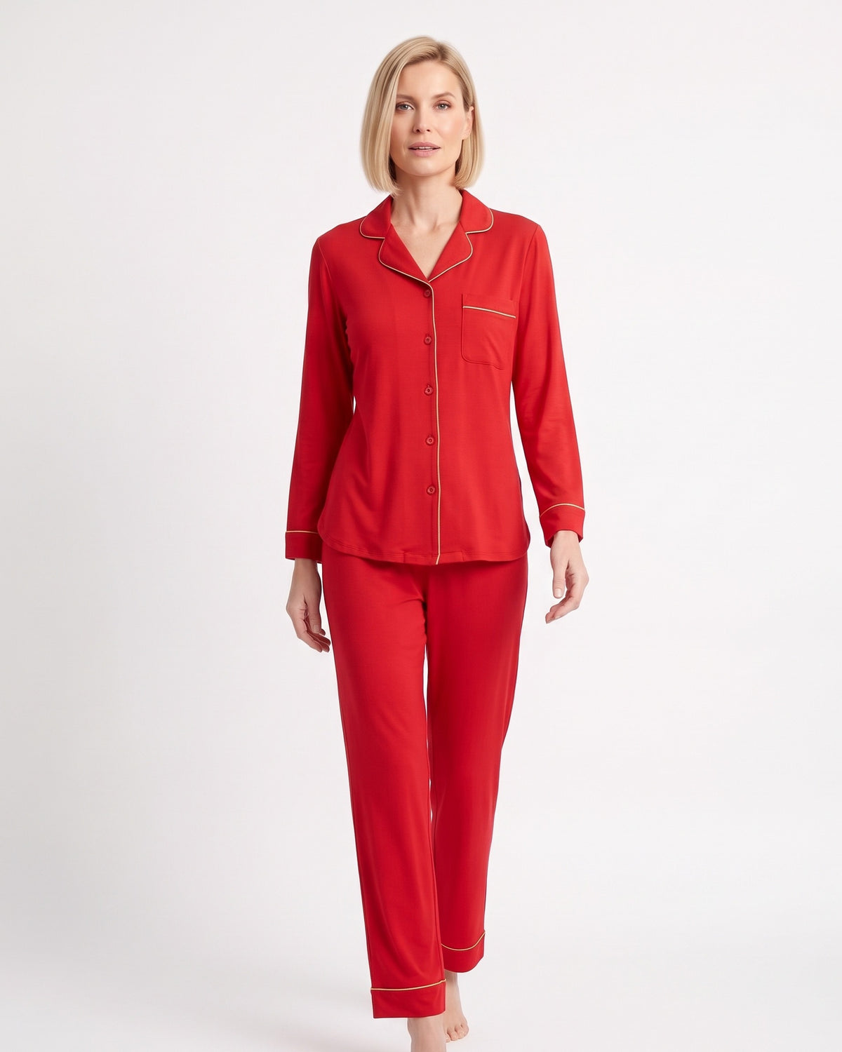Red pajama set with piped button-up shirt, chest pocket, and straight-leg pants