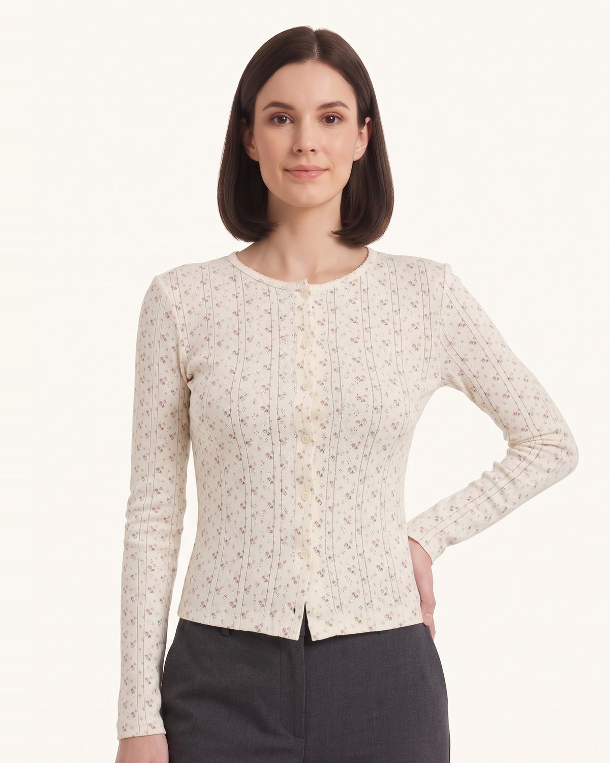 Off-white floral pointelle cardigan for women with button front and scalloped crew neckline