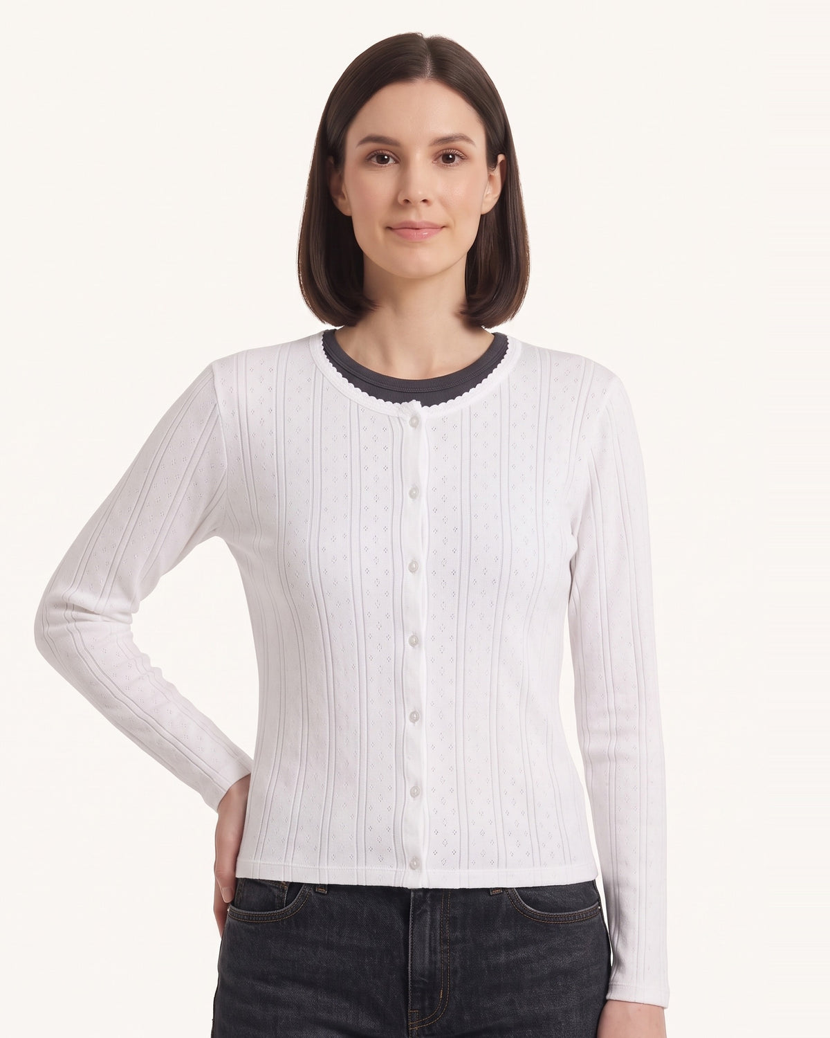 Women's off-white pointelle cardigan, fitted crewneck, button front, scalloped trim