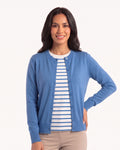Blue crew neck fine-knit cardigan sweater, button-front, long sleeves