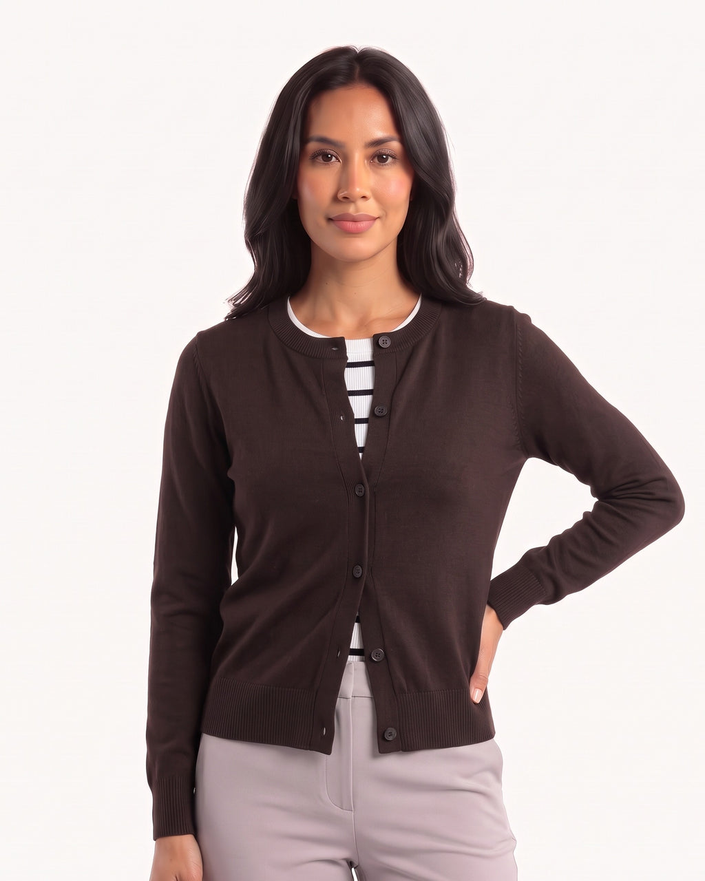 Dark crew neck fine-knit cardigan sweater, button-front, long sleeves