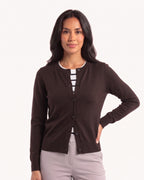 Dark crew neck fine-knit cardigan sweater, button-front, long sleeves