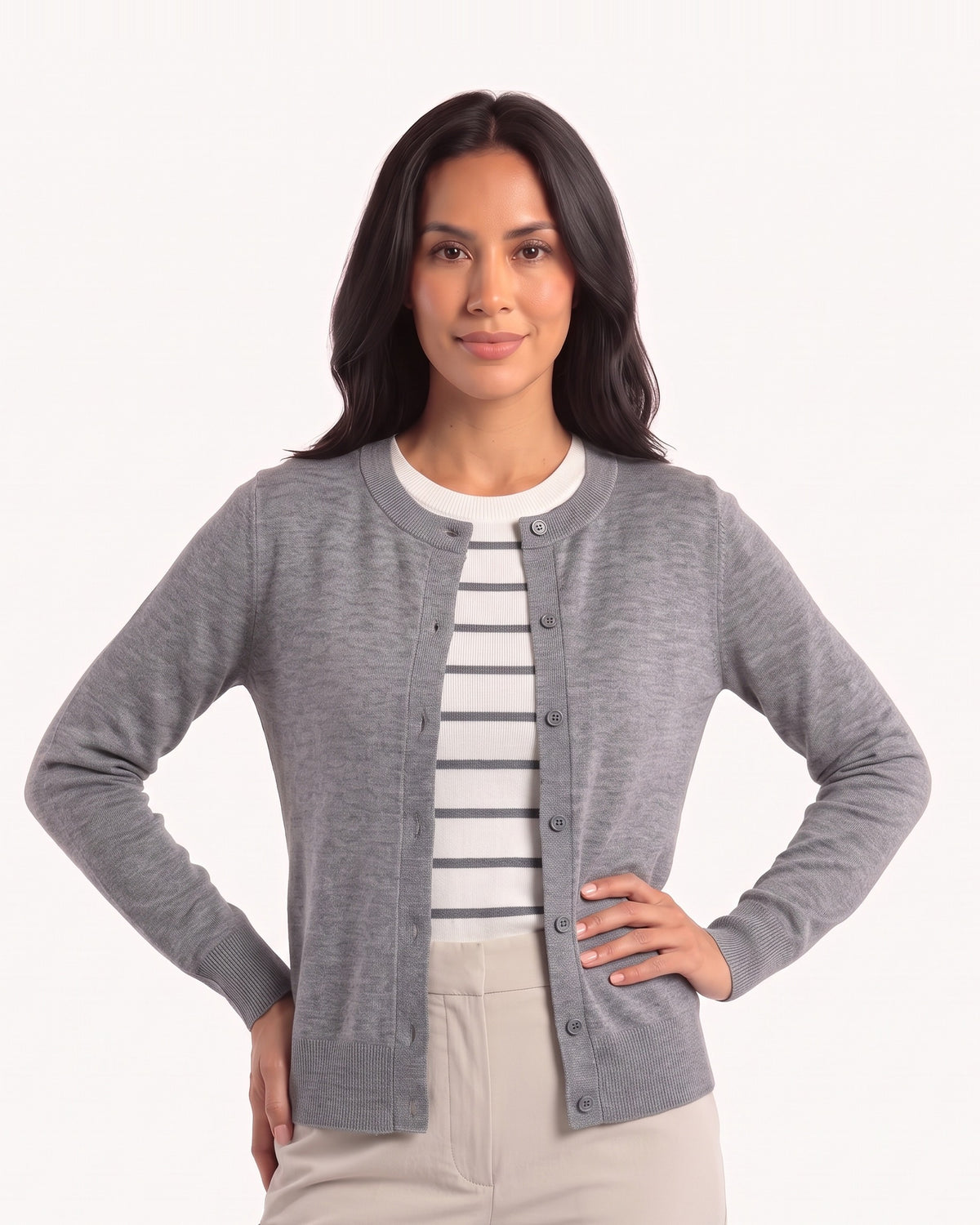 Gray crew neck fine-knit cardigan sweater, button-front, long sleeves