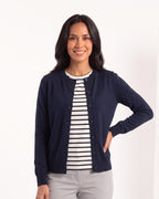 Navy crew neck fine-knit cardigan sweater, button-front, long sleeves