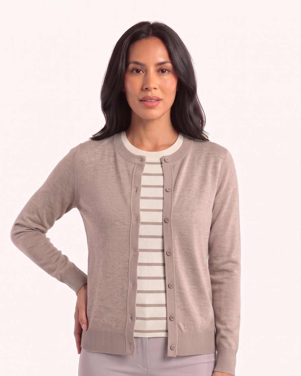 Taupe crew neck fine-knit cardigan sweater, button-front, long sleeves