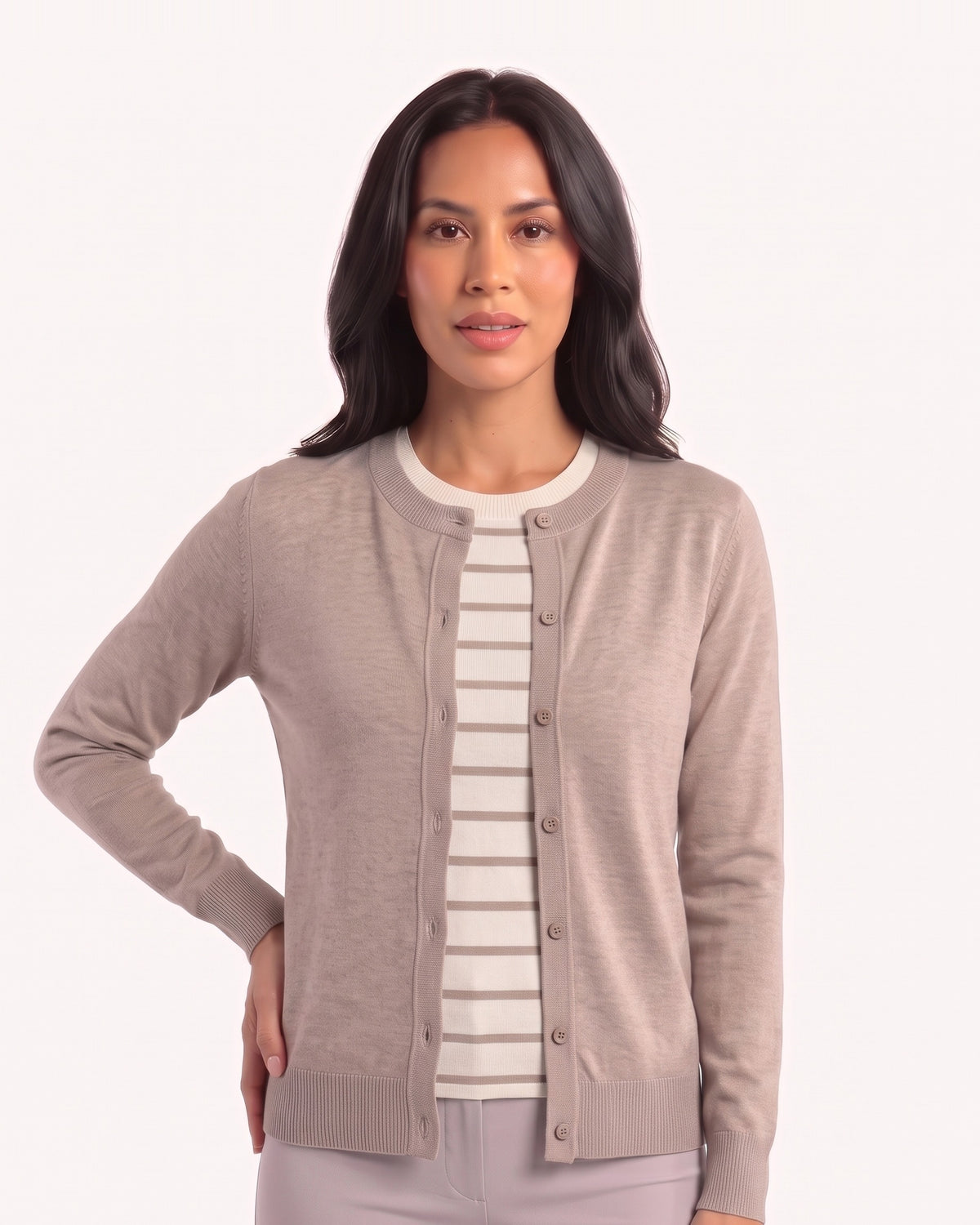 Taupe crew neck fine-knit cardigan sweater, button-front, long sleeves