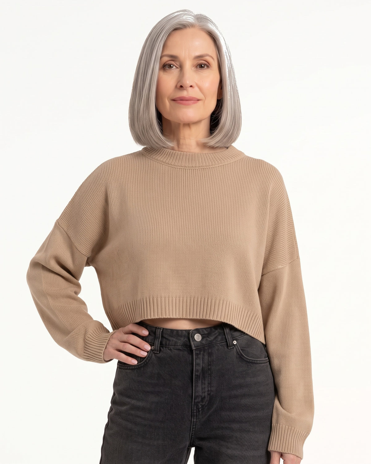 Women’s beige crew neck knit sweater with ribbed hem and cuffs, oversized boxy fit
