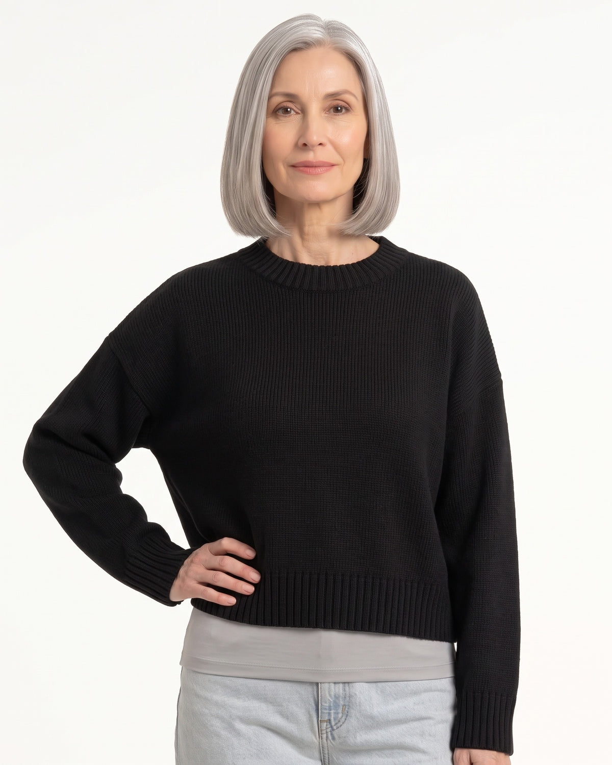 Women’s crew neck sweater, oversized boxy knit with ribbed hem, black