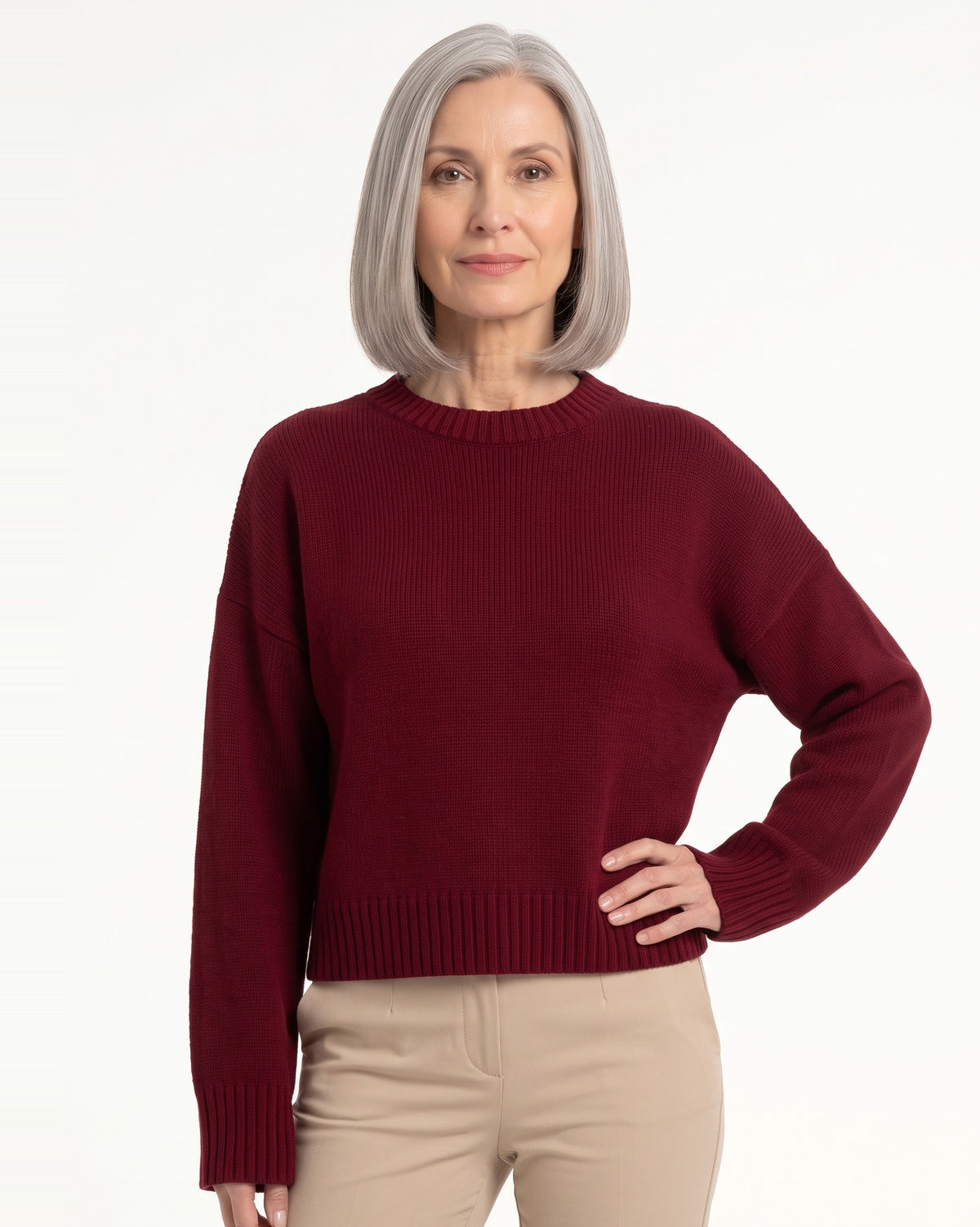 Women’s burgundy crew neck knit sweater with ribbed hem and cuffs, oversized boxy fit