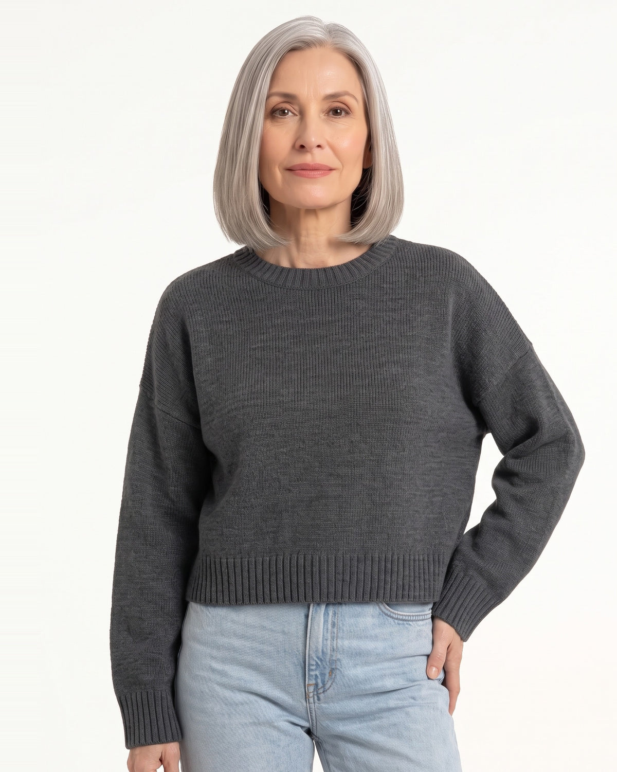 Women’s dark gray crew neck knit sweater with ribbed hem and cuffs, oversized boxy fit
