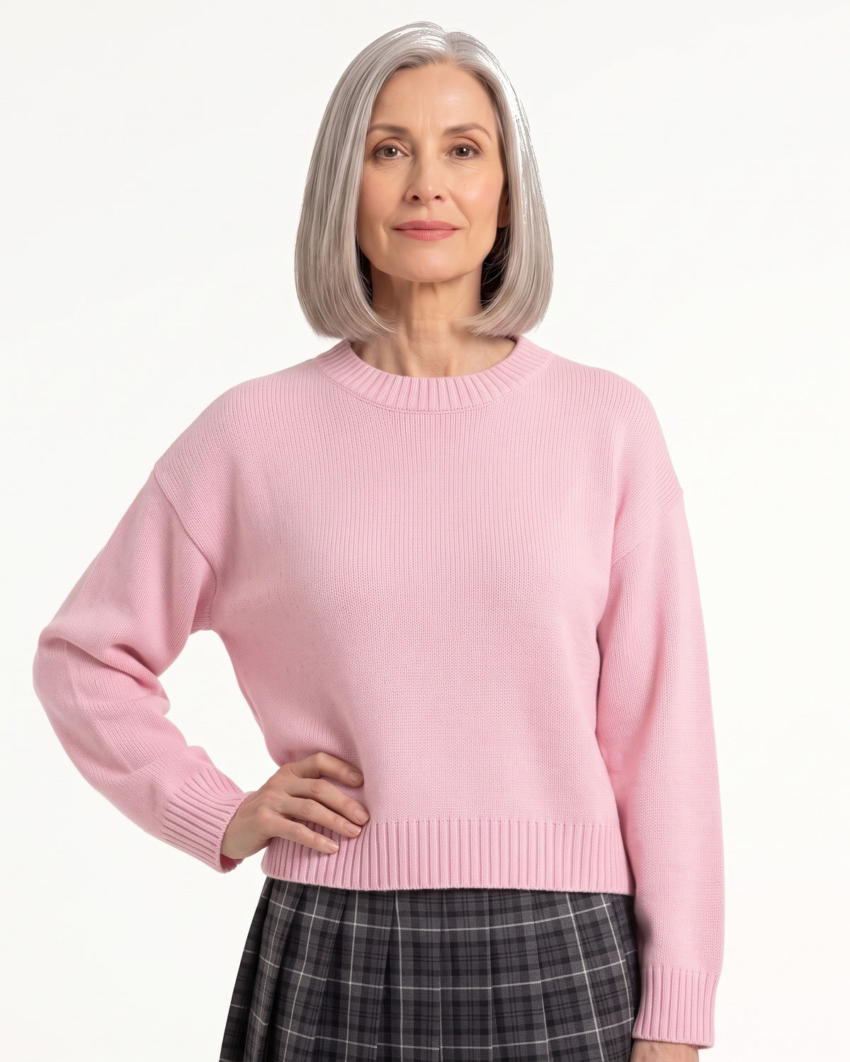 Women’s crew neck sweater, oversized boxy knit with ribbed hem, pastel pink