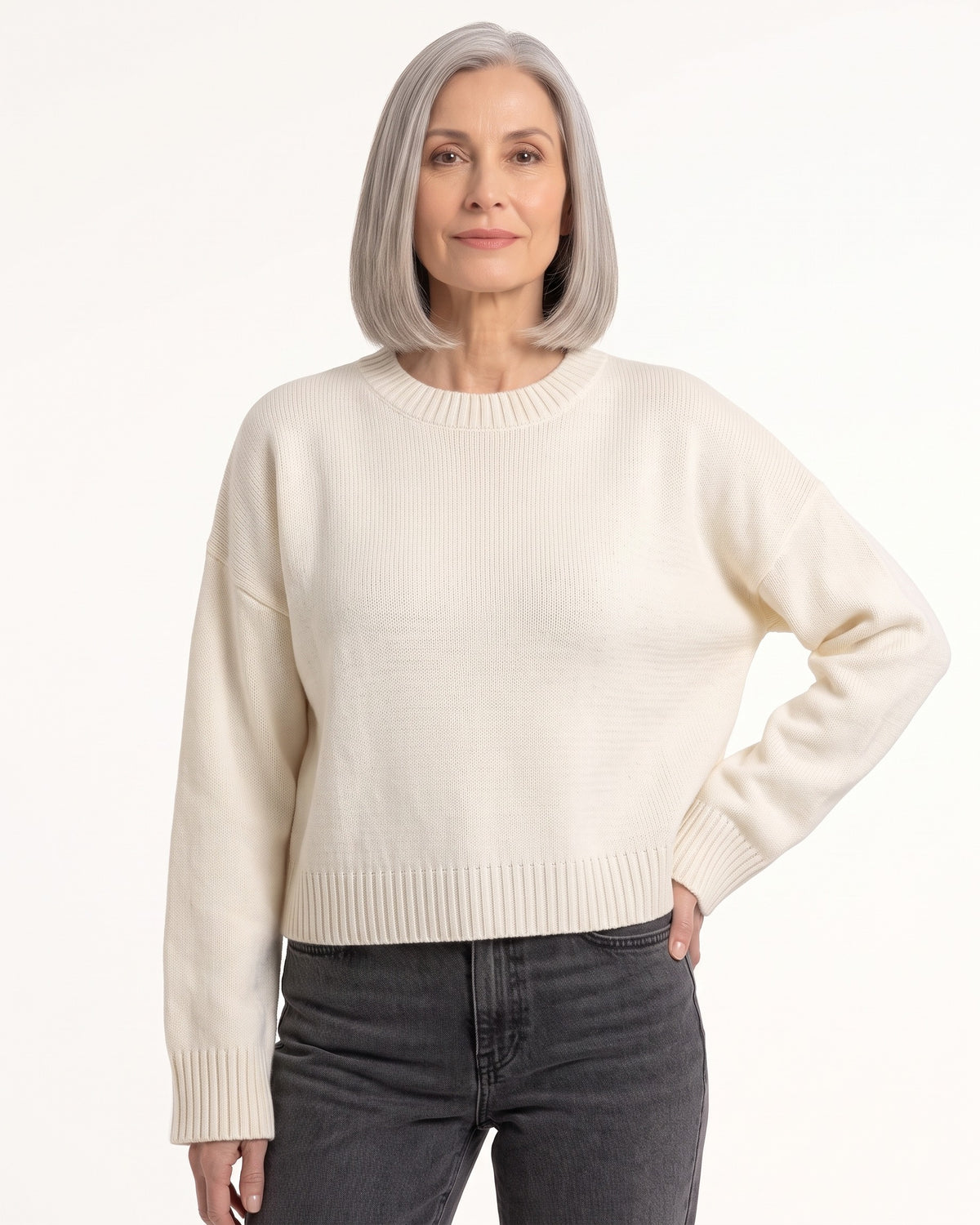 Women’s crew neck sweater, oversized boxy knit with ribbed hem, white