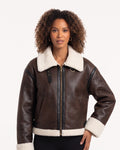 Women’s cropped aviator jacket, dark brown faux leather with white sherpa collar and zip front