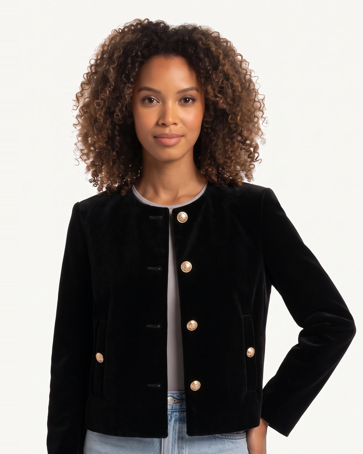 Cropped collarless round-neck blazer in black felt with gold button front