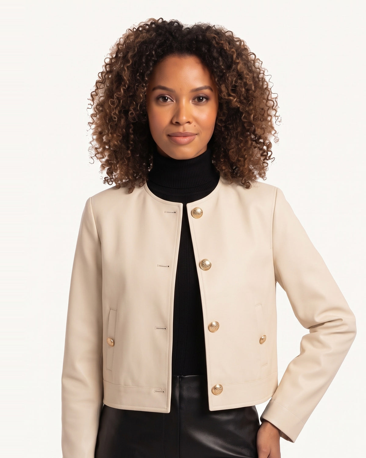 Cropped collarless round-neck blazer in cream felt with gold button front
