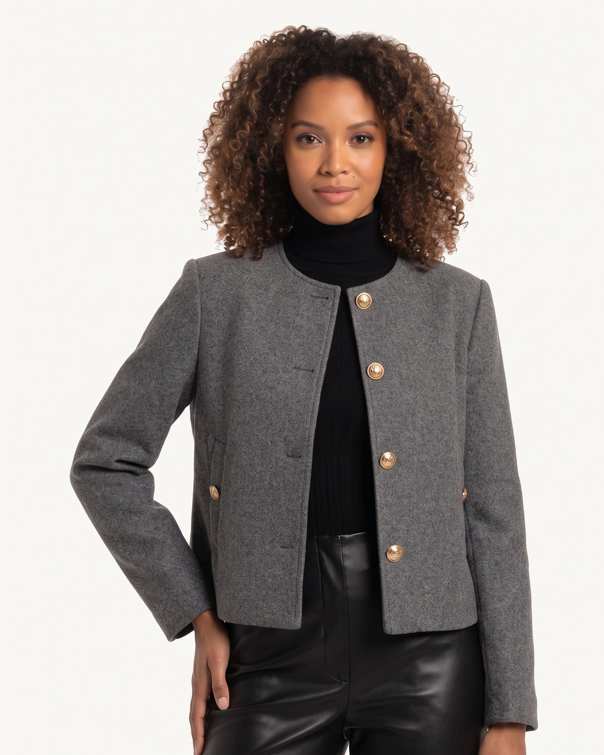 Cropped felted wool blazer, collarless round neck, gray with gold front buttons.