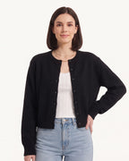 Black cropped button cardigan sweater, crew neck, long sleeves, front button placket