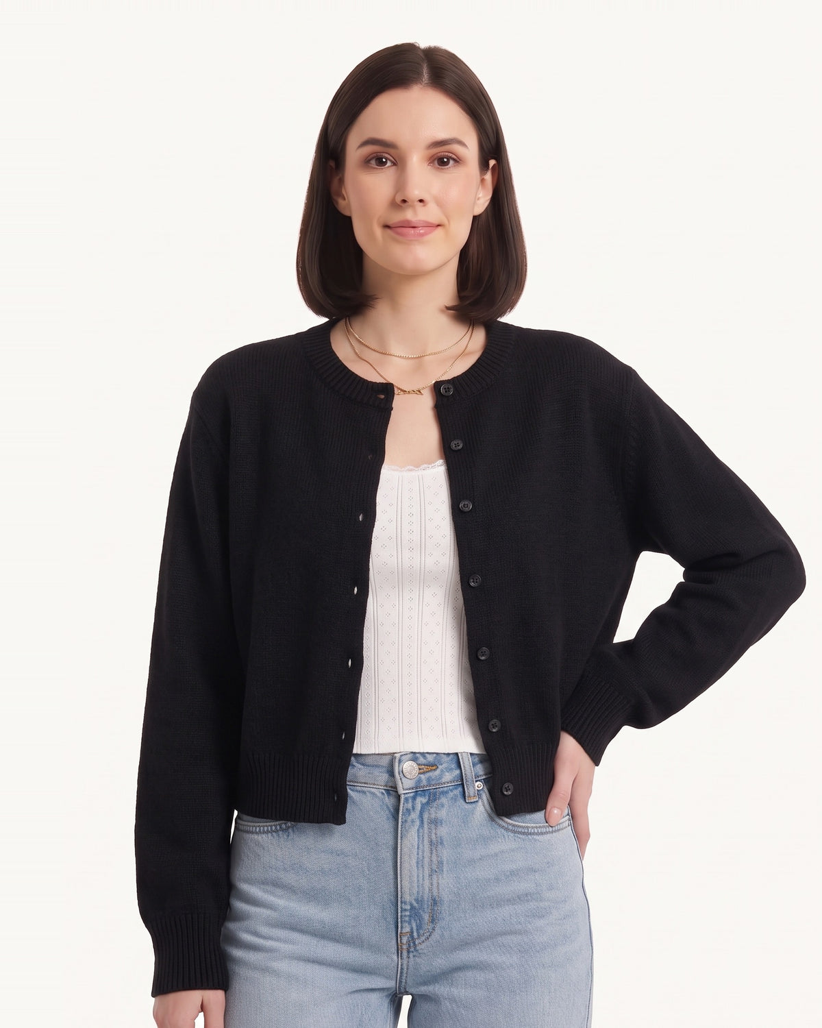 Black cropped button cardigan sweater, crew neck, long sleeves, front button placket