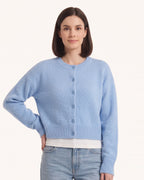 Light blue cropped button cardigan sweater, crew neck, long sleeves, front button placket