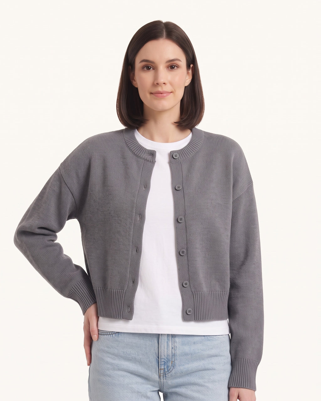 Gray cropped button cardigan sweater, crew neck, long sleeves, front button placket