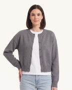 Gray cropped button cardigan sweater, crew neck, long sleeves, front button placket