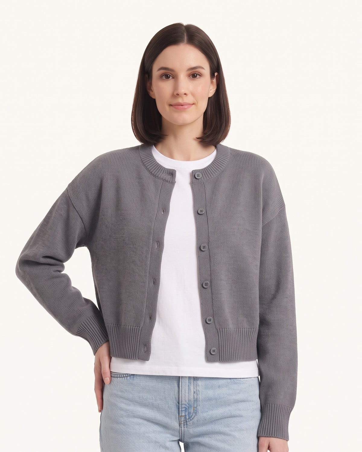 Gray cropped button cardigan sweater, crew neck, long sleeves, front button placket