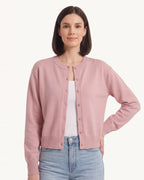 Pink cropped button cardigan sweater, crew neck, long sleeves, front button placket
