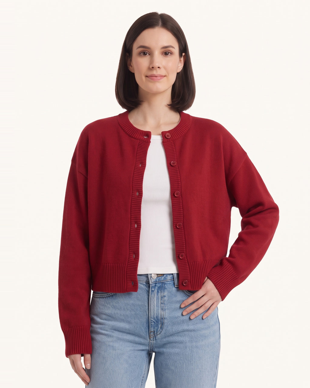 Red cropped button cardigan sweater, crew neck, long sleeves, front button placket