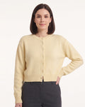 Cropped cream knit button cardigan sweater, crew neck, long sleeves, ribbed cuffs