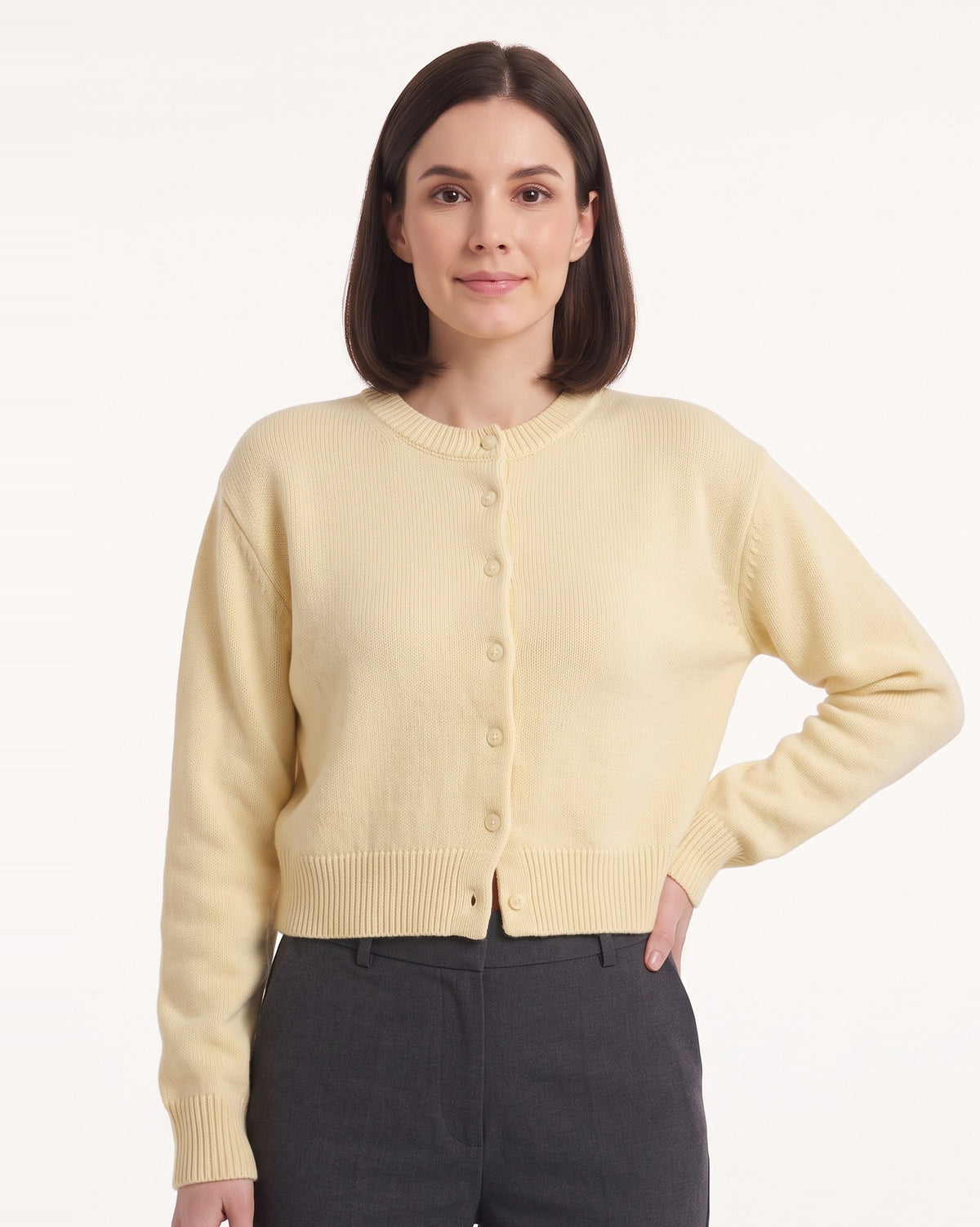Cropped cream knit button cardigan sweater, crew neck, long sleeves, ribbed cuffs