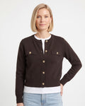 Dark brown cropped knit cardigan with crew neck, gold button front, flap pockets