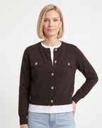 Dark brown cropped knit cardigan with crew neck, gold button front, flap pockets