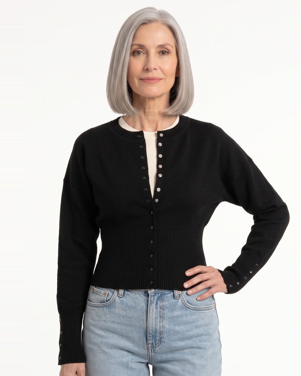 Cropped Cardigan for Women — Fitted Crew Neck Snap Button Knit with Ribbed Waist in Viscose Blend