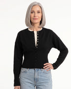 Cropped Cardigan for Women — Fitted Crew Neck Snap Button Knit with Ribbed Waist in Viscose Blend