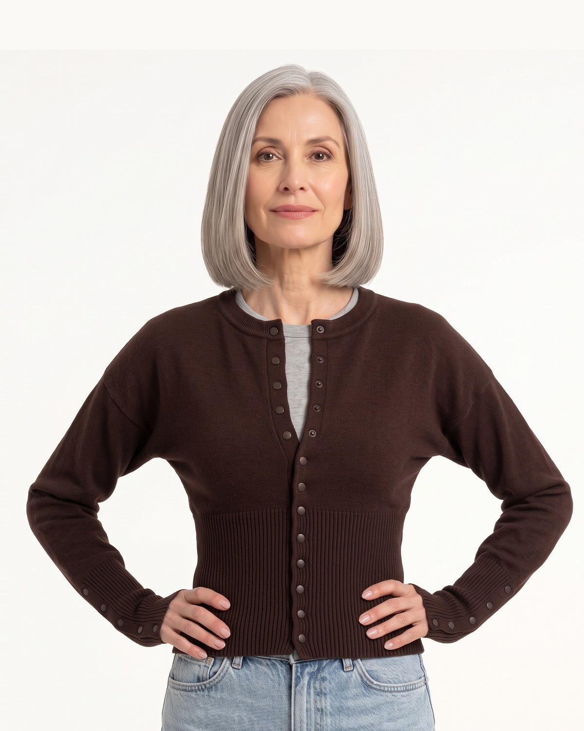 Cropped Cardigan for Women — Fitted Crew Neck Snap Button Knit with Ribbed Waist in Viscose Blend
