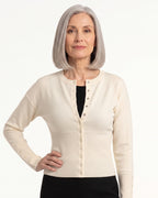 Cropped Cardigan for Women — Fitted Crew Neck Snap Button Knit with Ribbed Waist in Viscose Blend