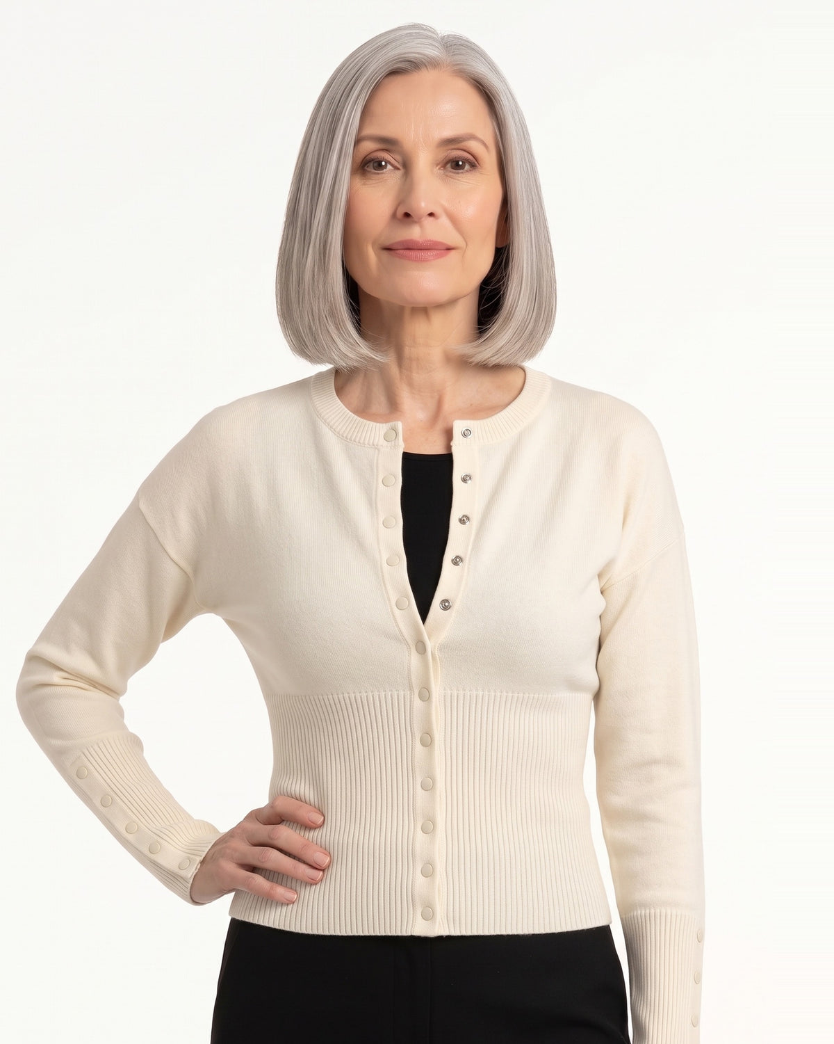 Cropped Cardigan for Women — Fitted Crew Neck Snap Button Knit with Ribbed Waist in Viscose Blend