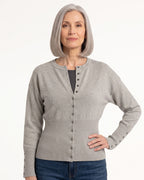 Cropped Cardigan for Women — Fitted Crew Neck Snap Button Knit with Ribbed Waist in Viscose Blend